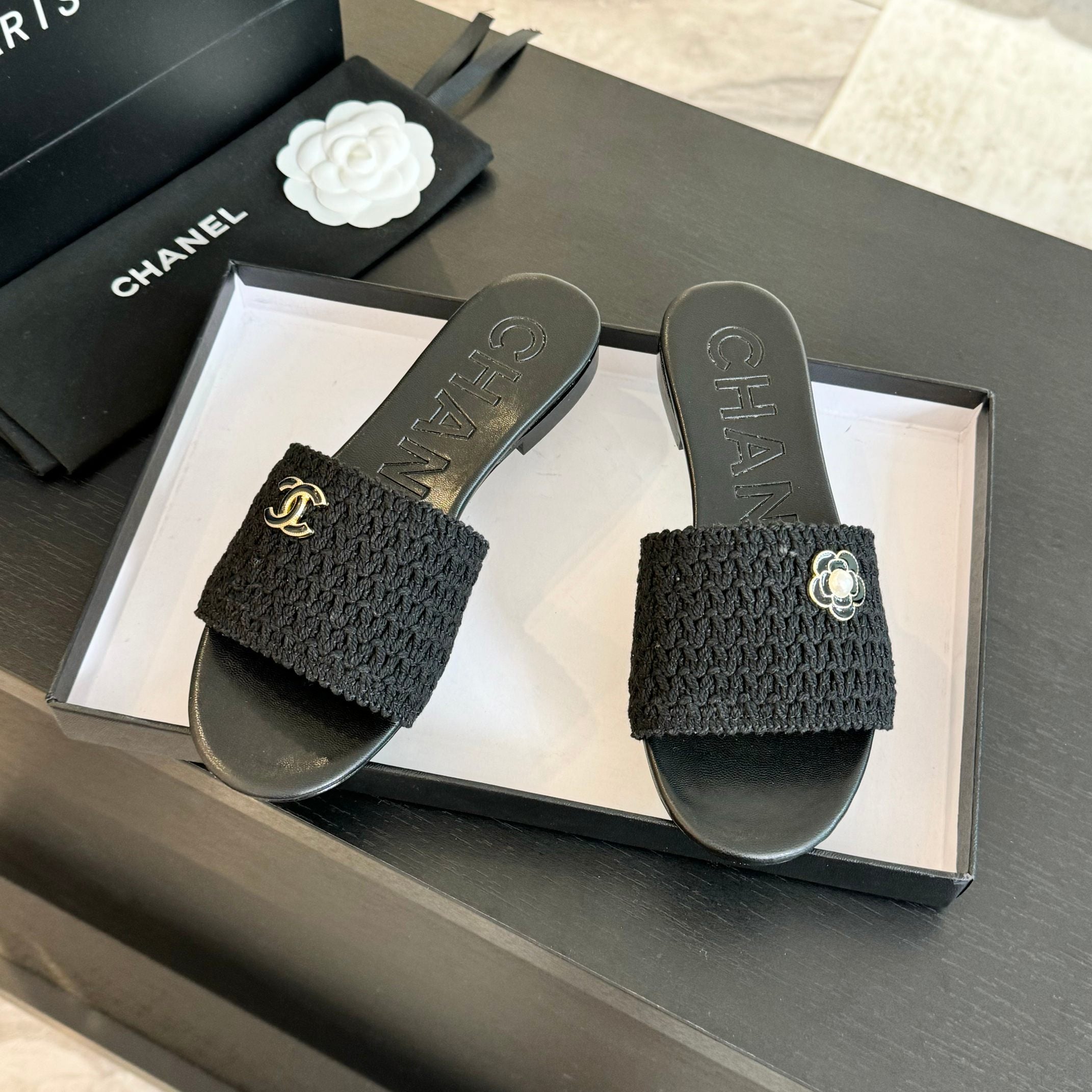 CHANEL BLACK WOVEN FLAT SLIPPERS