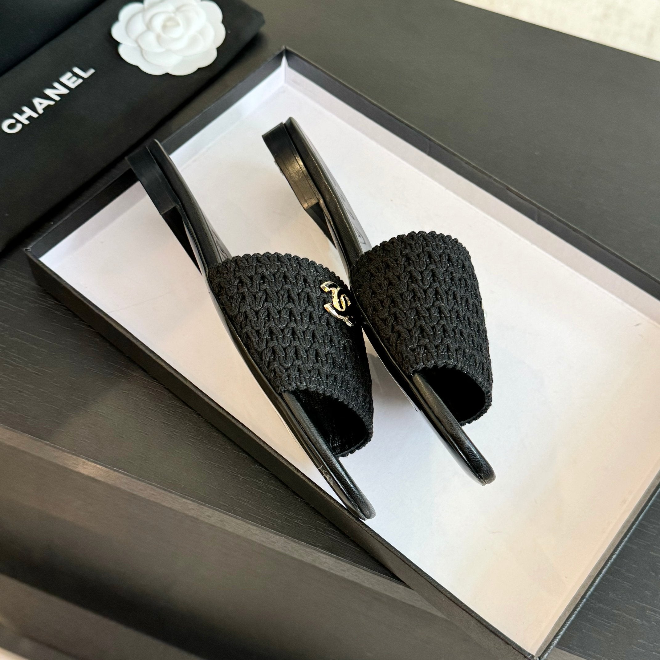 CHANEL BLACK WOVEN FLAT SLIPPERS