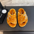 CHANEL SAFETY ORANGE FUR CROSS STRAP SLIPPERS