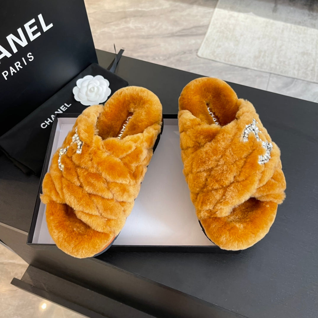 CHANEL SAFETY ORANGE FUR CROSS STRAP SLIPPERS