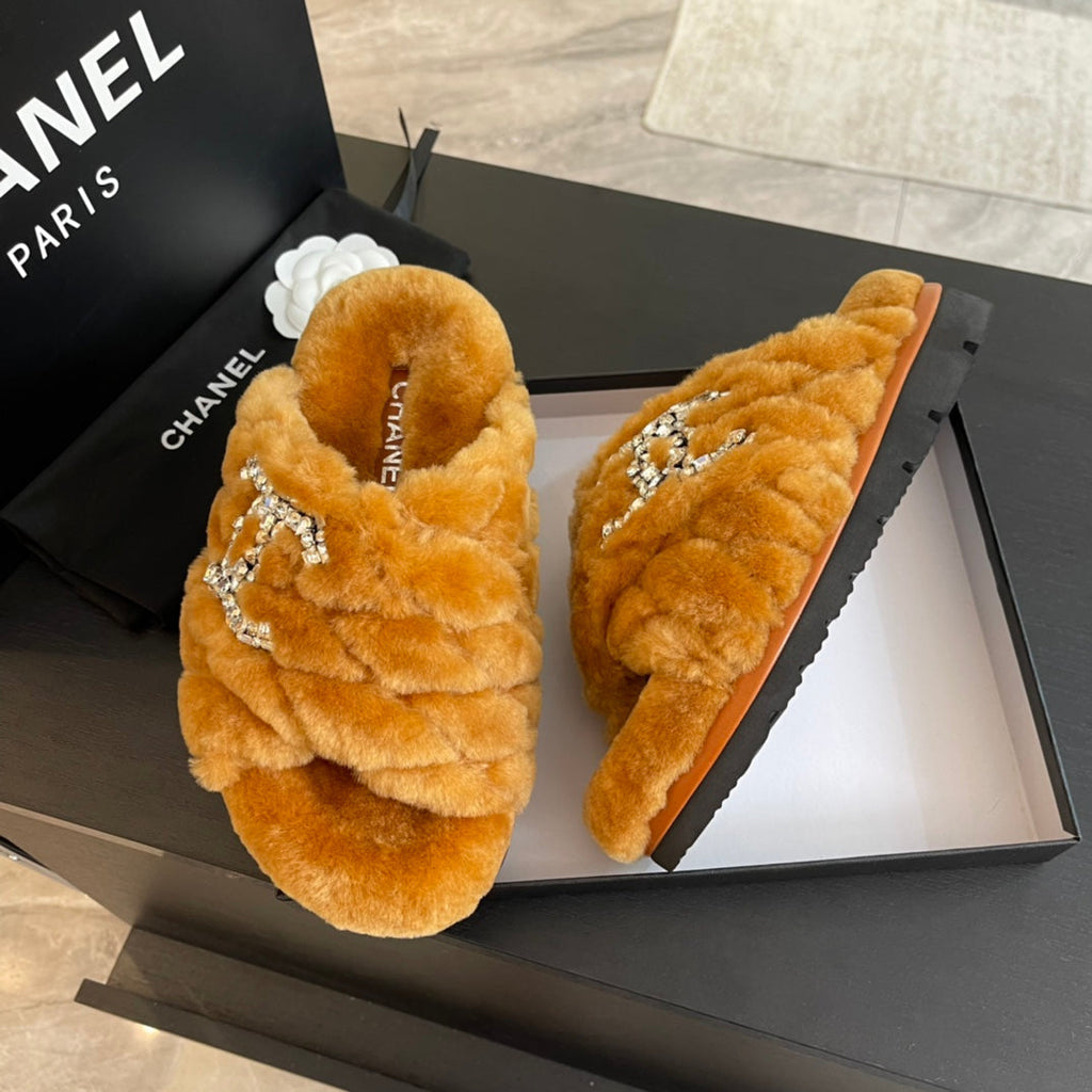 CHANEL SAFETY ORANGE FUR CROSS STRAP SLIPPERS