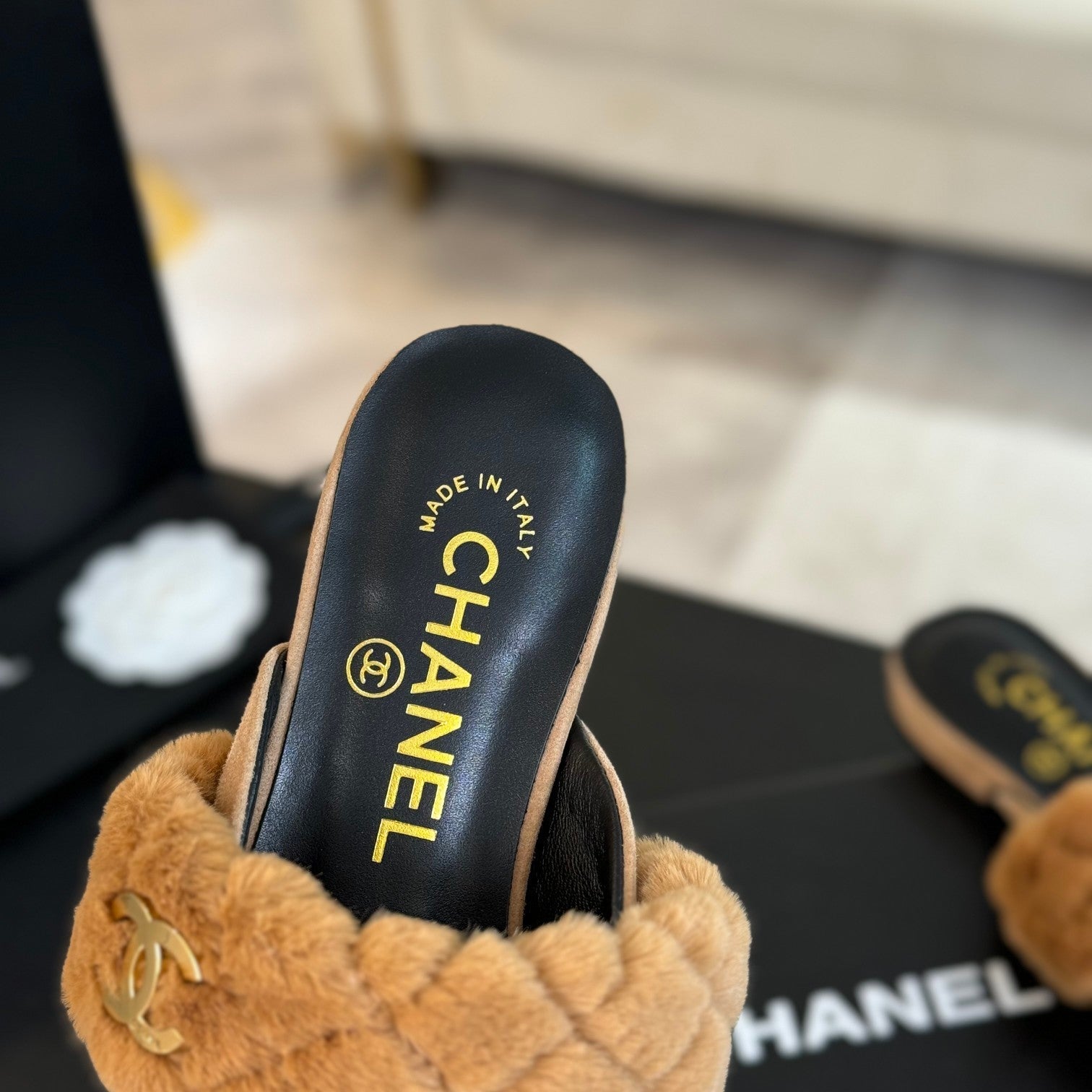 CHANEL MULE IN SEPIA BEIGE SMOOTH FLEECE WITH GOLD HARDWARE