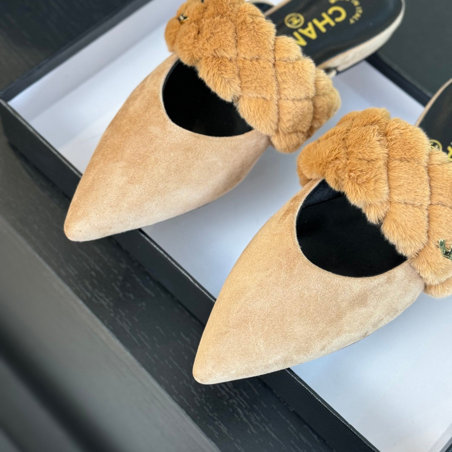 CHANEL MULE IN SEPIA BEIGE SMOOTH FLEECE WITH GOLD HARDWARE