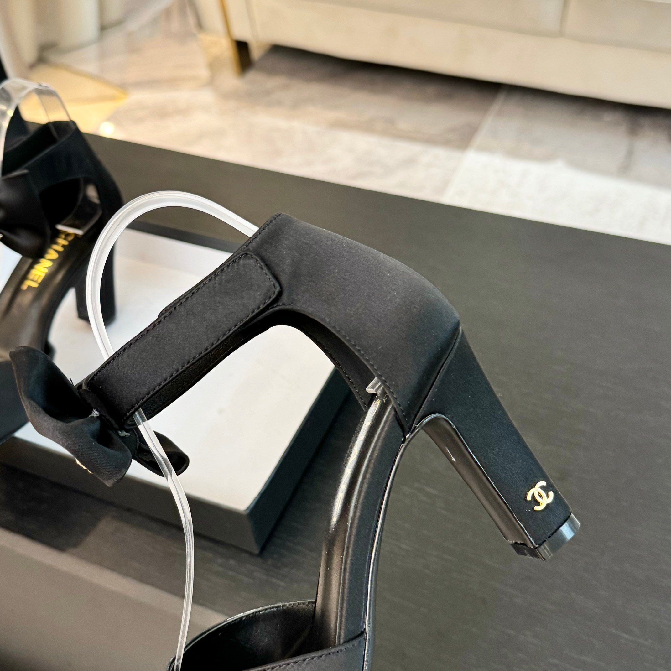 CHANEL HIGH SANDAL OPEN TOE IN BLACK SATIN
