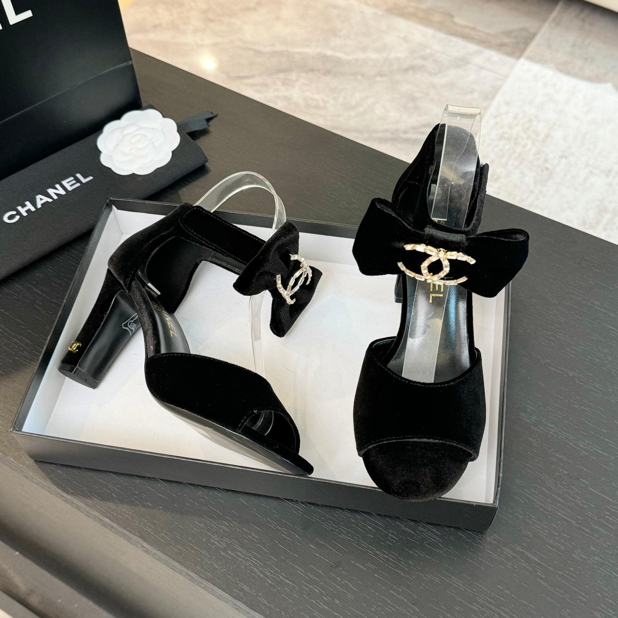 CHANEL HIGH SANDAL OPEN TOE IN BLACK VELVET