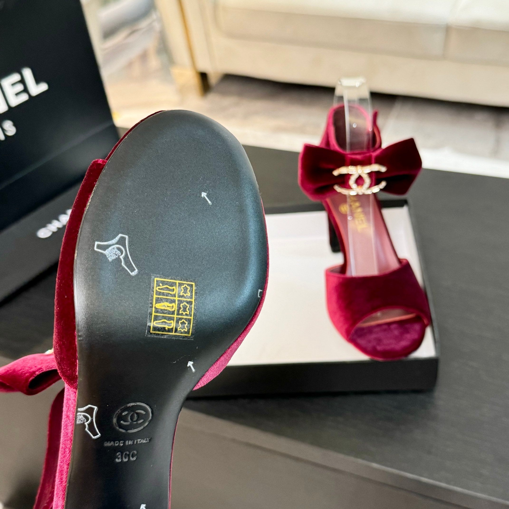 CHANEL HIGH SANDAL OPEN TOE IN MAROON RED VELVET