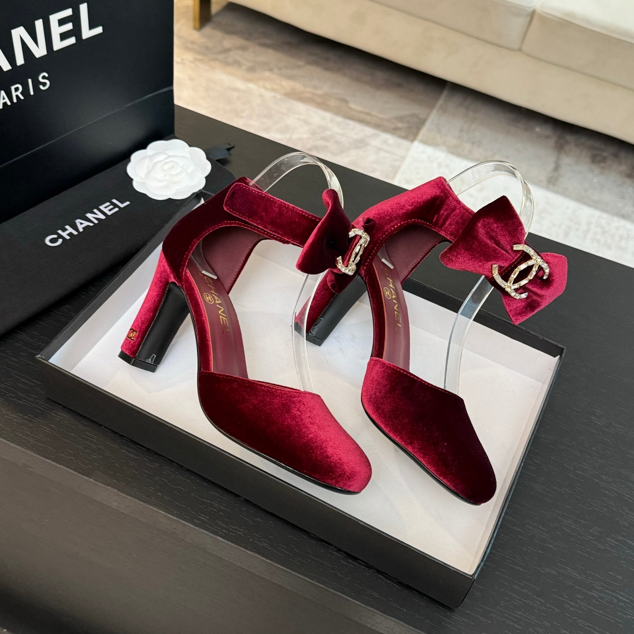 CHANEL HIGH MARRY JANE IN CHERRY RED VELVET
