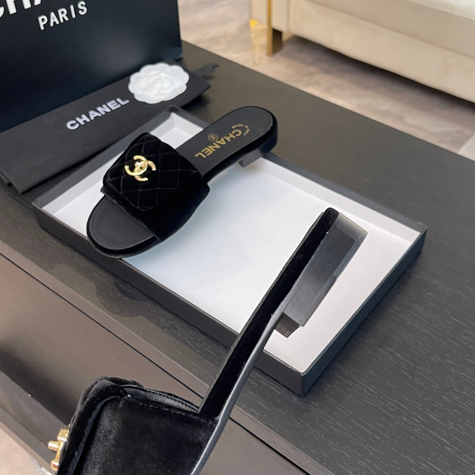 CHANEL FLAT MULE IN BLACK VELVET
