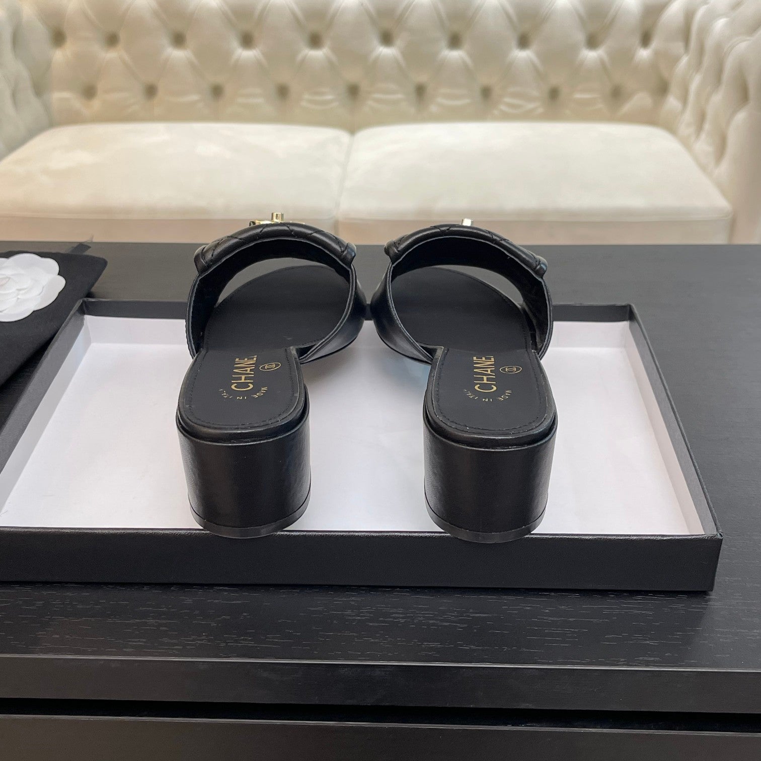 CHANEL MID-HEEL 5 CM MULE IN BLACK LAMBSKIN
