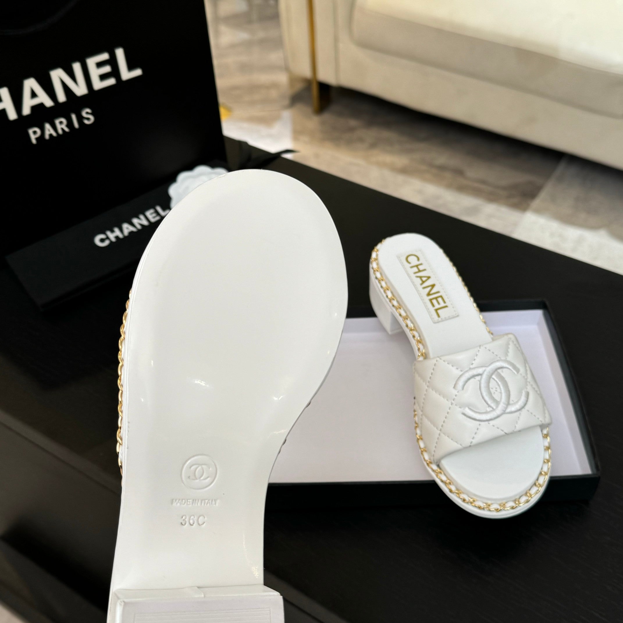 CHANEL HIGH FLATFORM SLIPPER IN WHITE EMBOSSED SHEEPSKIN