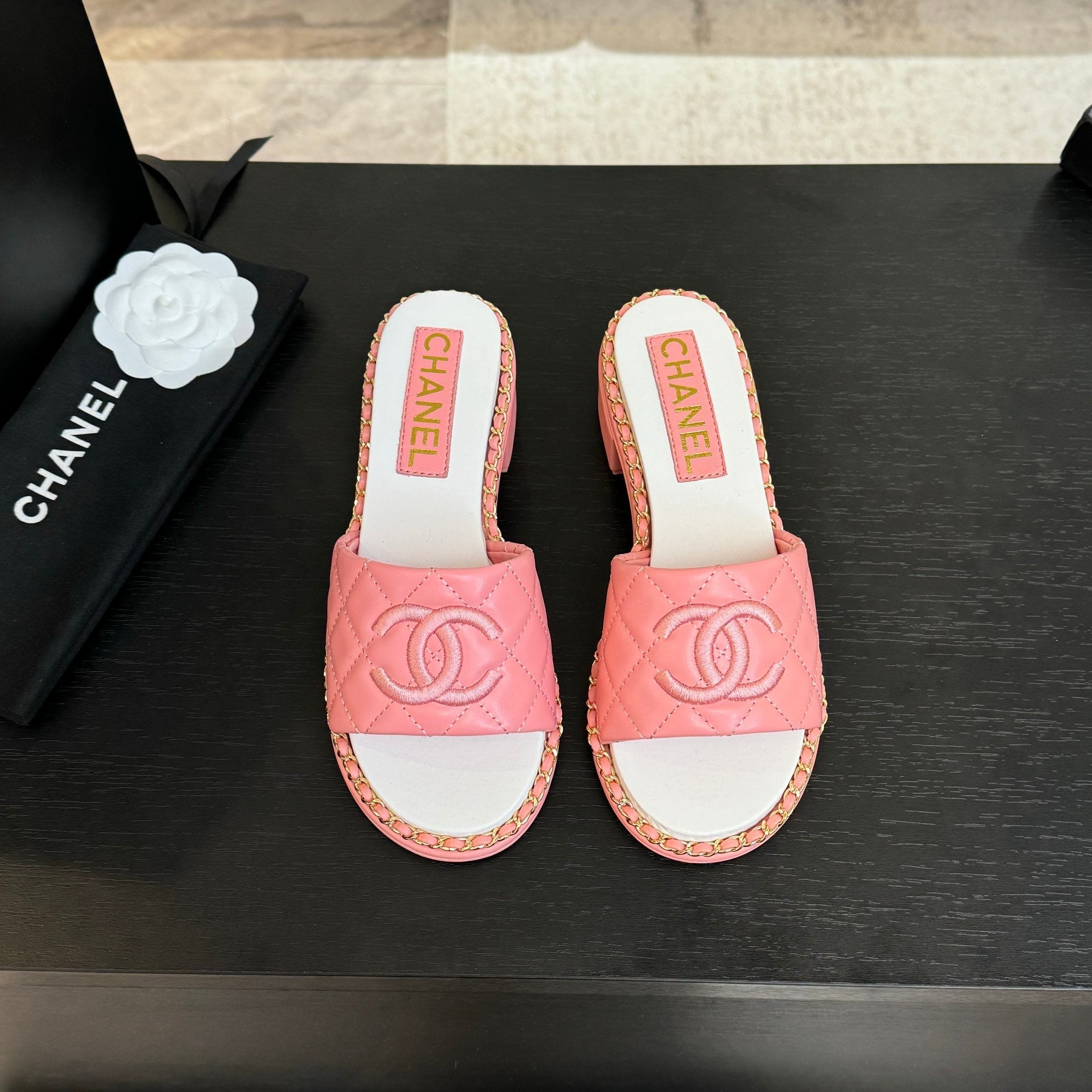 CHANEL HIGH FLATFORM SLIPPER IN ROUGE PINK EMBOSSED SHEEPSKIN