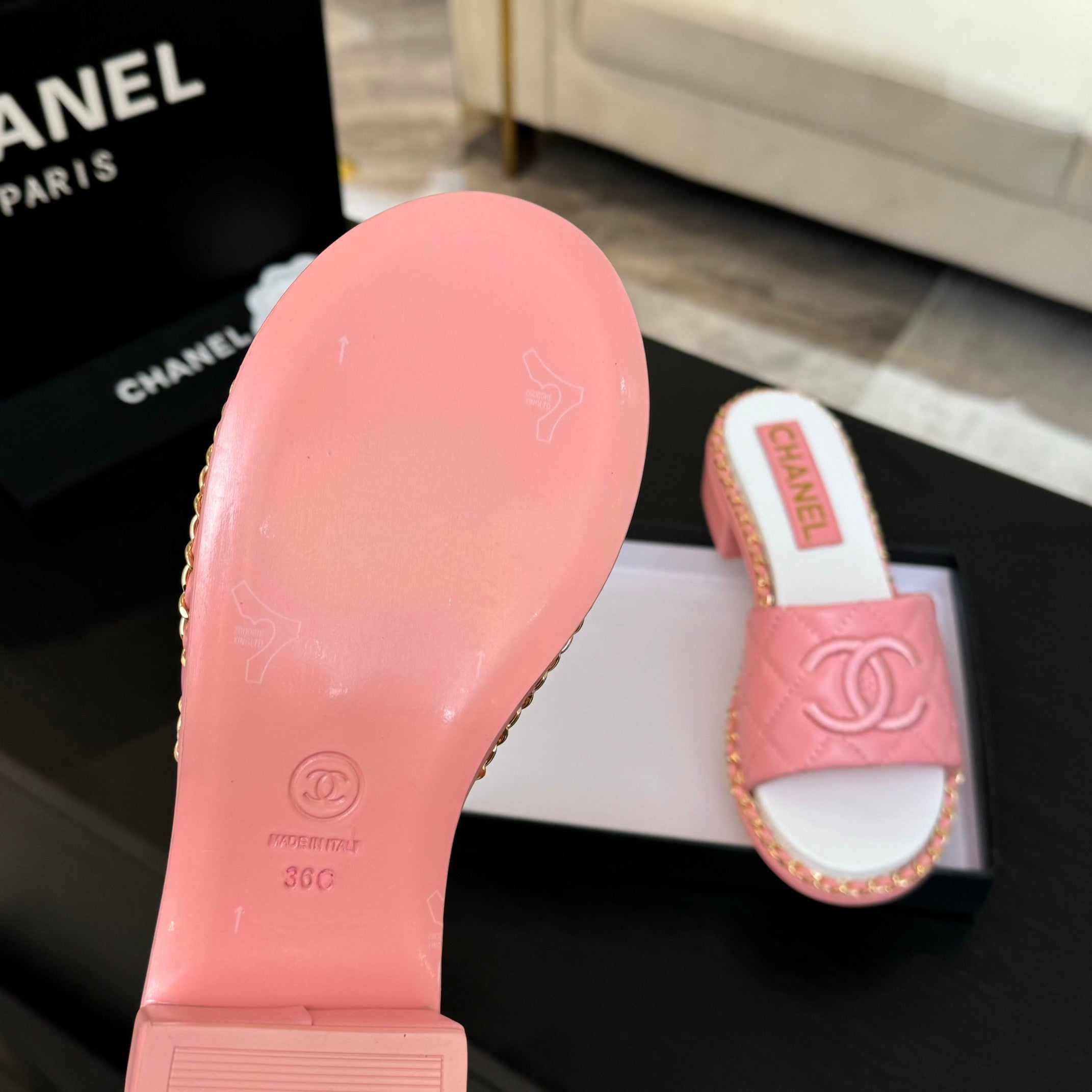 CHANEL HIGH FLATFORM SLIPPER IN ROUGE PINK EMBOSSED SHEEPSKIN