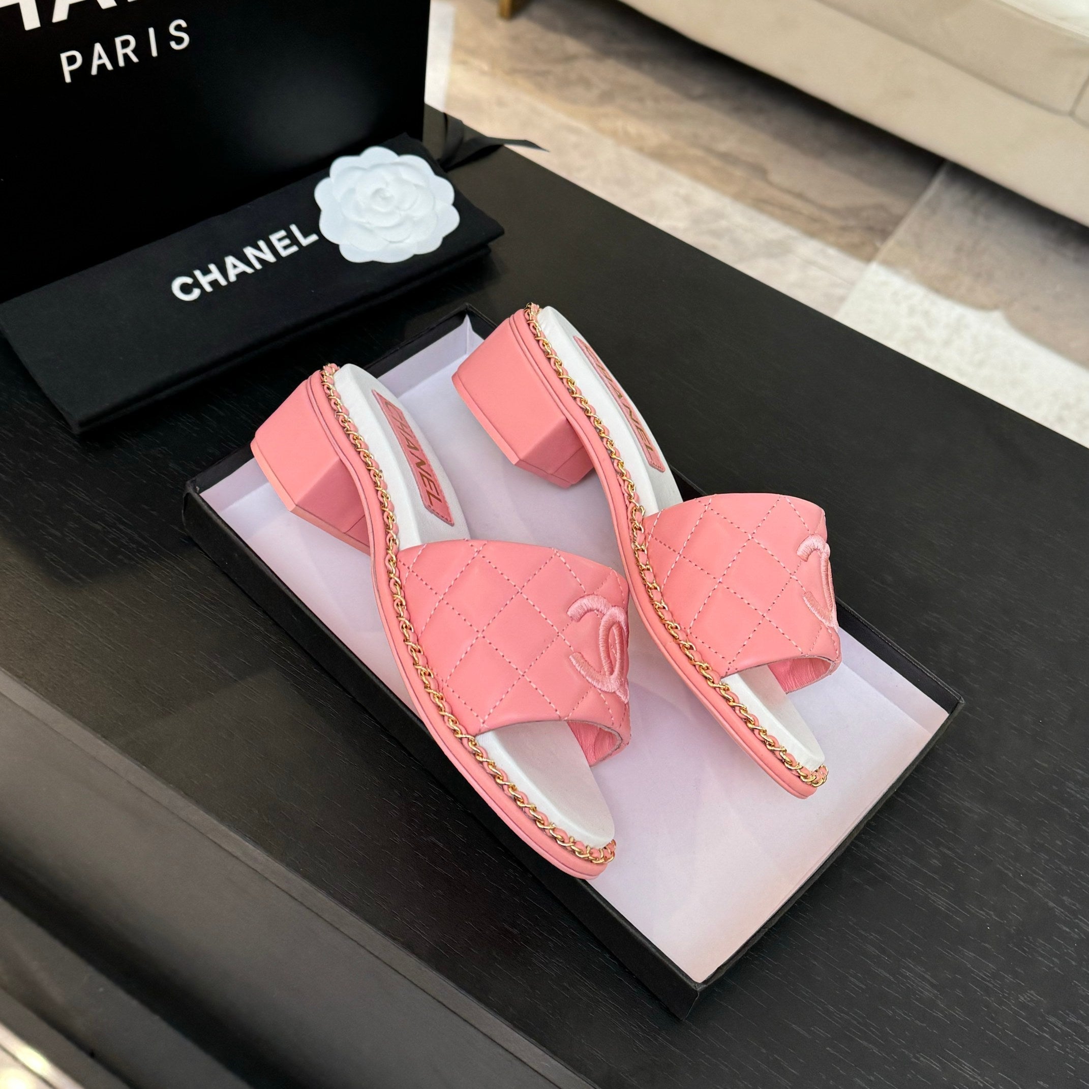 CHANEL HIGH FLATFORM SLIPPER IN ROUGE PINK EMBOSSED SHEEPSKIN