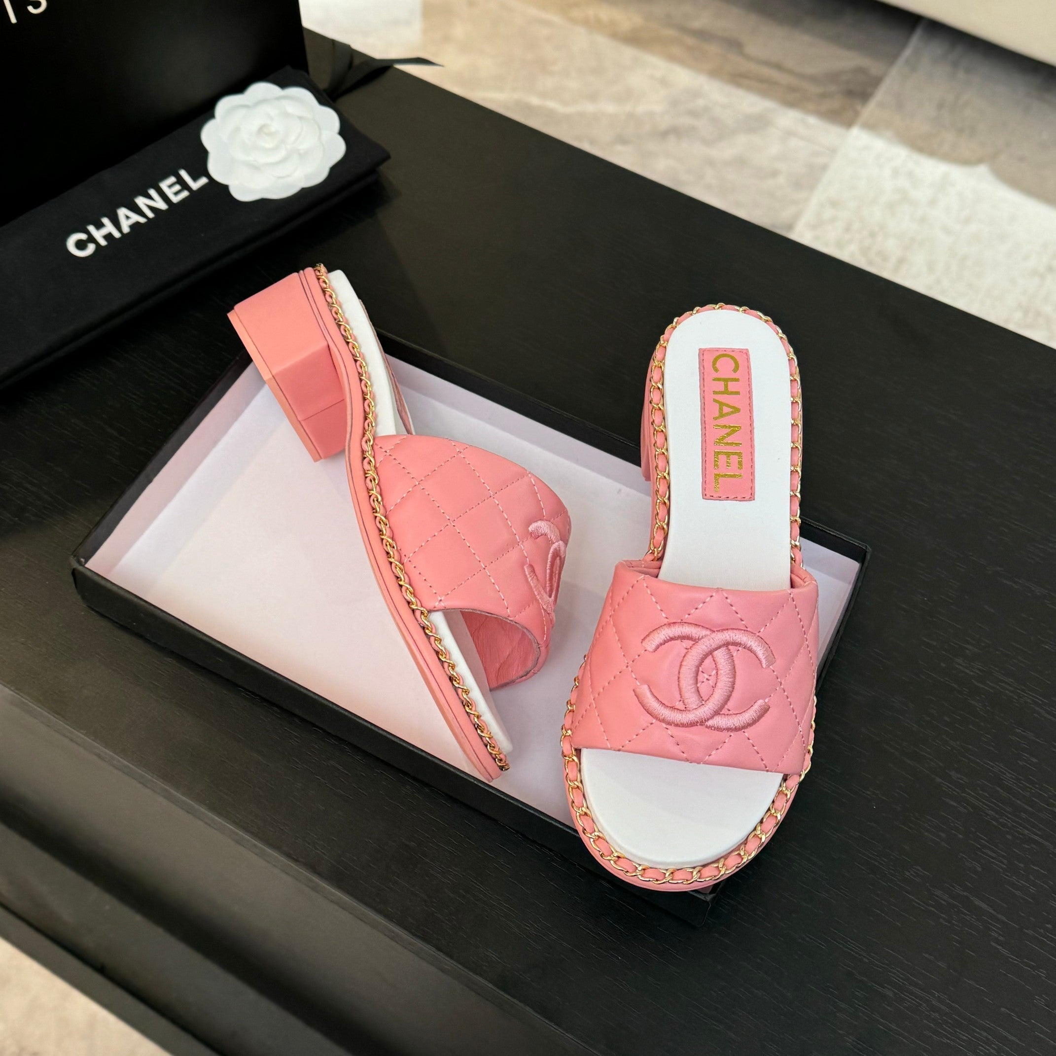 CHANEL HIGH FLATFORM SLIPPER IN ROUGE PINK EMBOSSED SHEEPSKIN