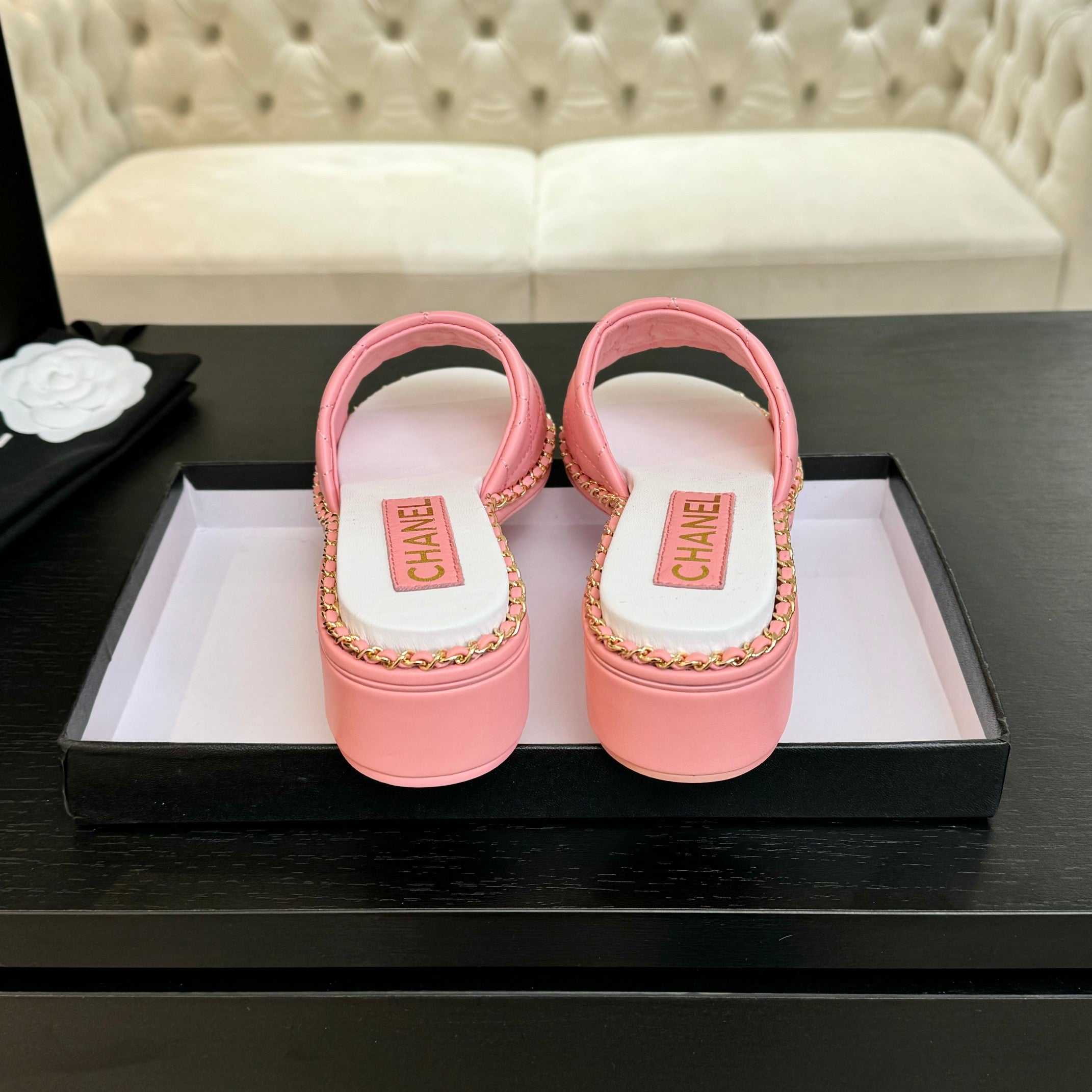 CHANEL HIGH FLATFORM SLIPPER IN ROUGE PINK EMBOSSED SHEEPSKIN