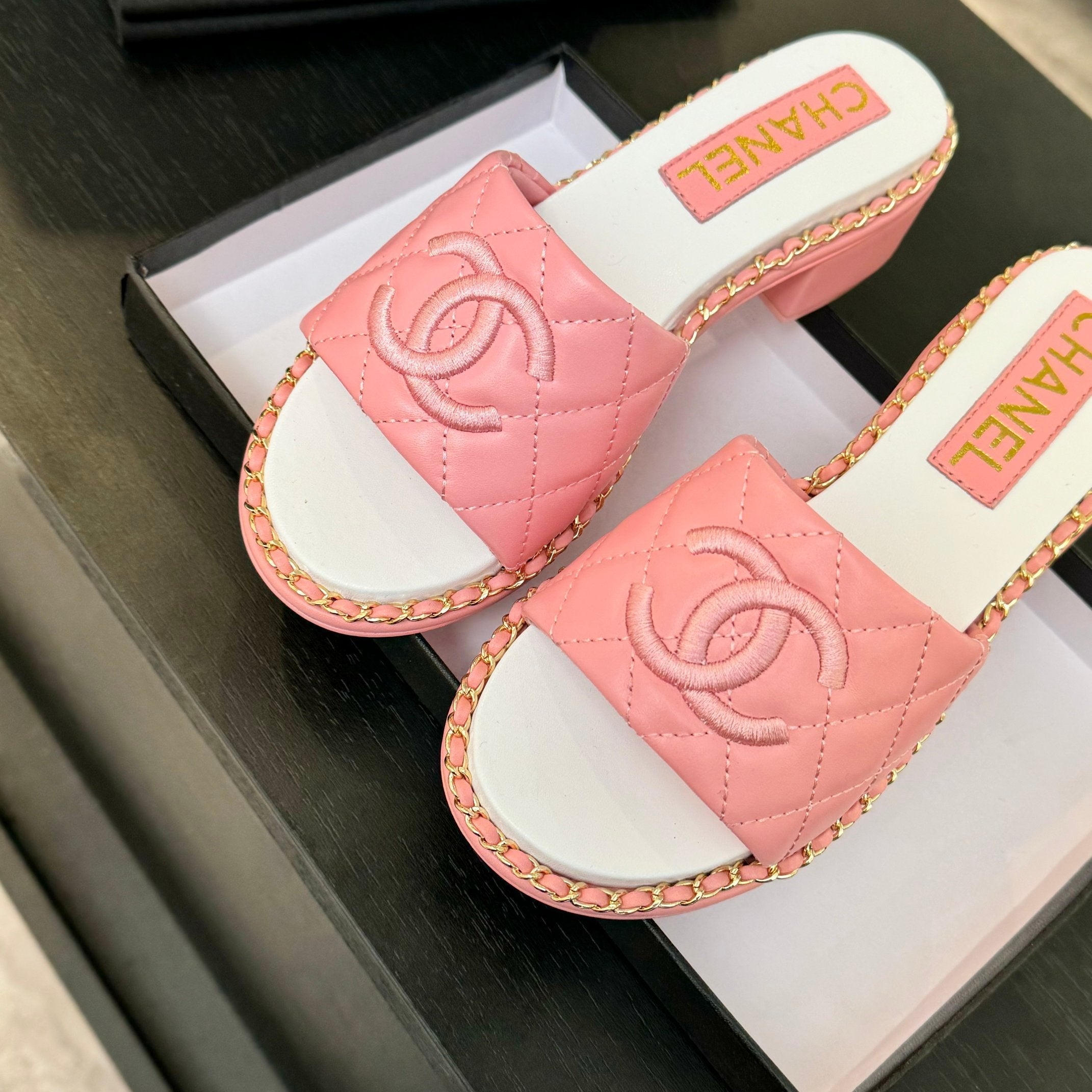 CHANEL HIGH FLATFORM SLIPPER IN ROUGE PINK EMBOSSED SHEEPSKIN