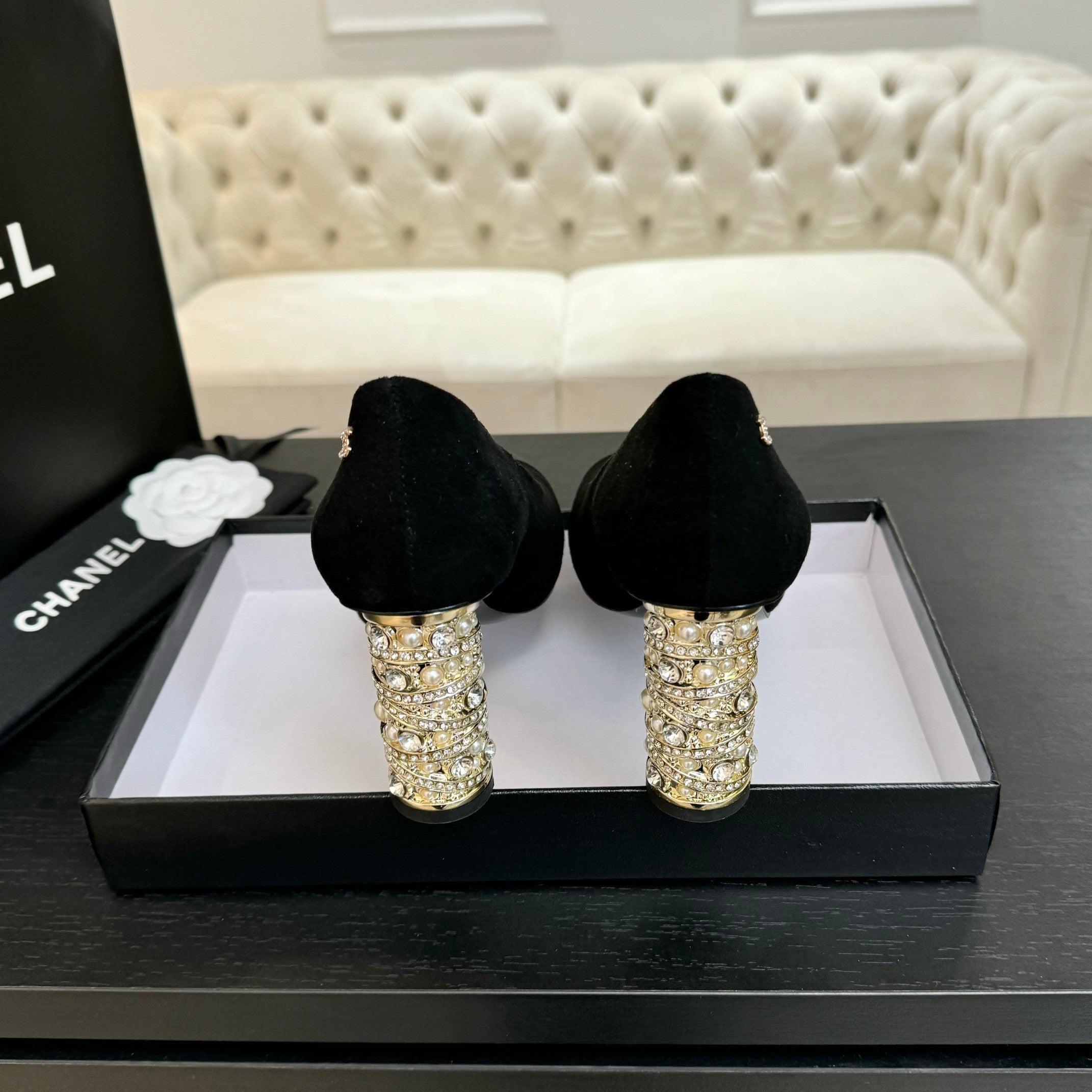 CHANEL HIGH HEEL 85 MM SANDALS IN BLACK SUEDE AND FABRIC
