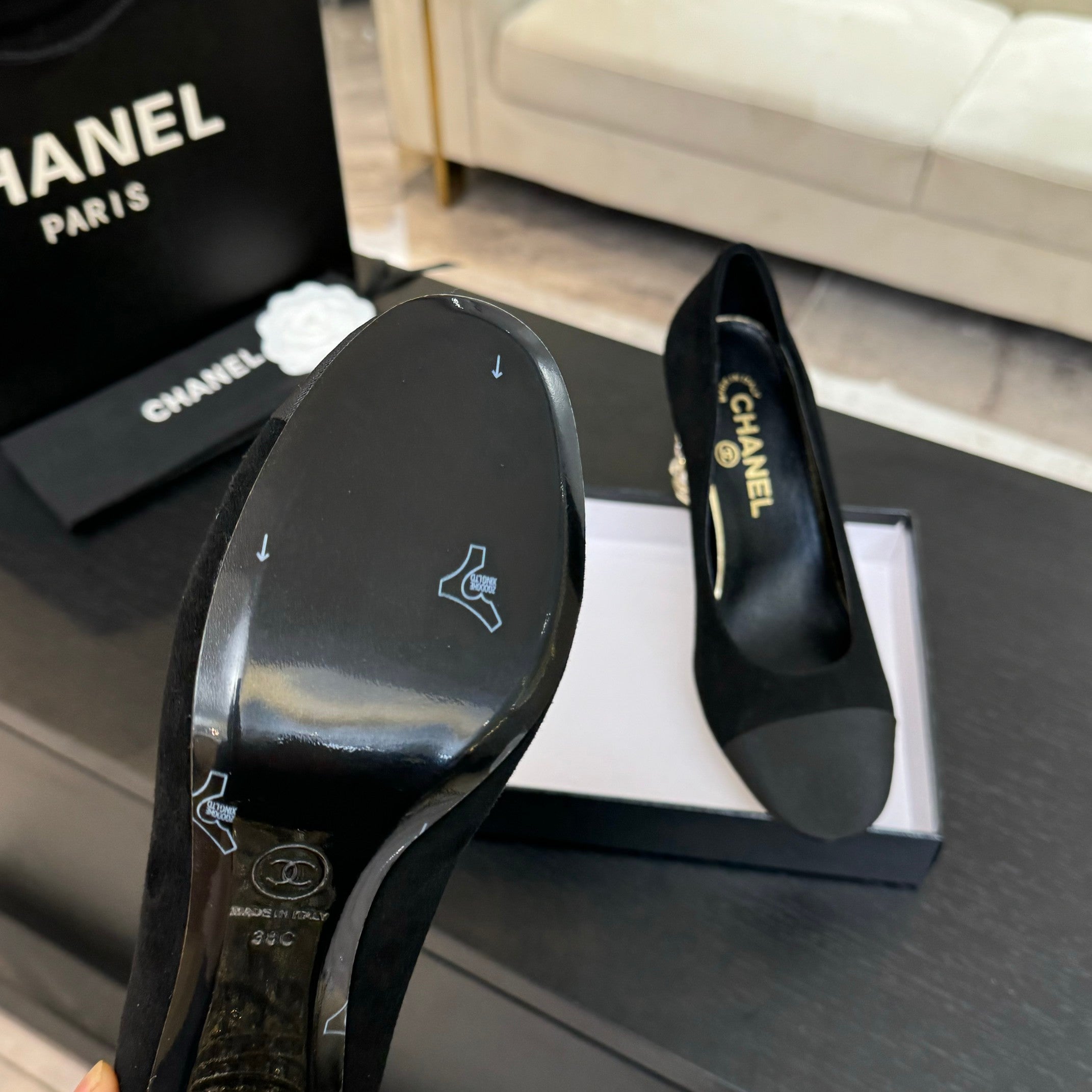 CHANEL HIGH HEEL 85 MM SANDALS IN BLACK SUEDE AND FABRIC