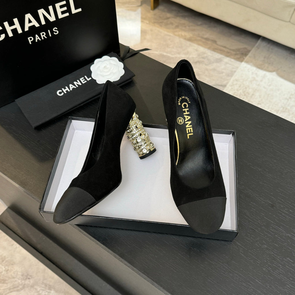 CHANEL HIGH HEEL 85 MM SANDALS IN BLACK SUEDE AND FABRIC