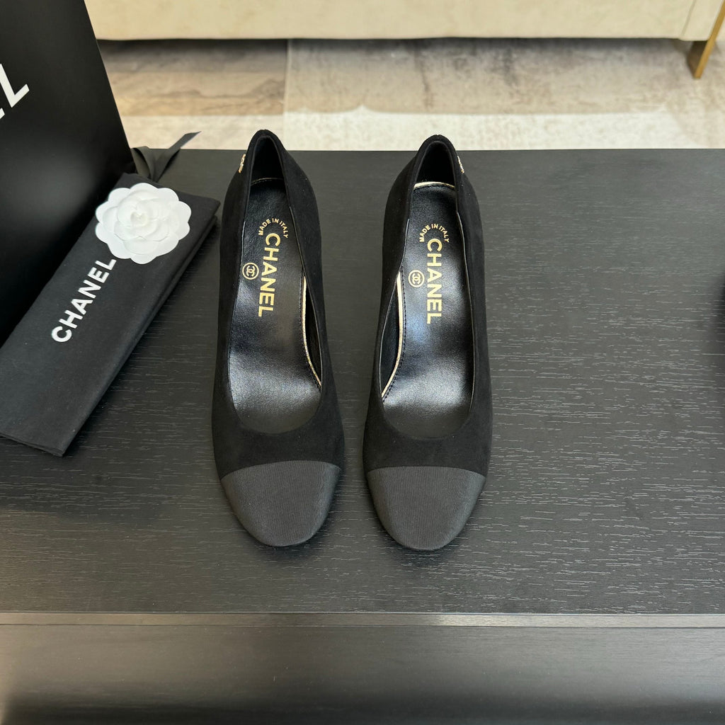 CHANEL HIGH HEEL 85 MM SANDALS IN BLACK SUEDE AND FABRIC