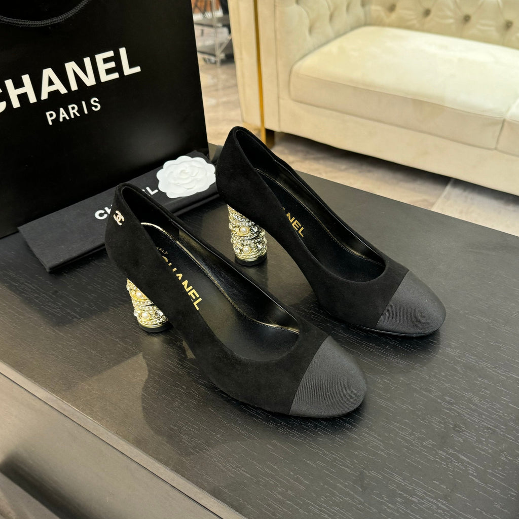 CHANEL HIGH HEEL 85 MM SANDALS IN BLACK SUEDE AND FABRIC
