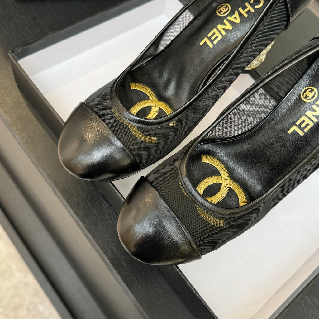 CHANEL HIGH HEEL 85 MM SANDALS IN BLACK CALFSKIN AND MESH