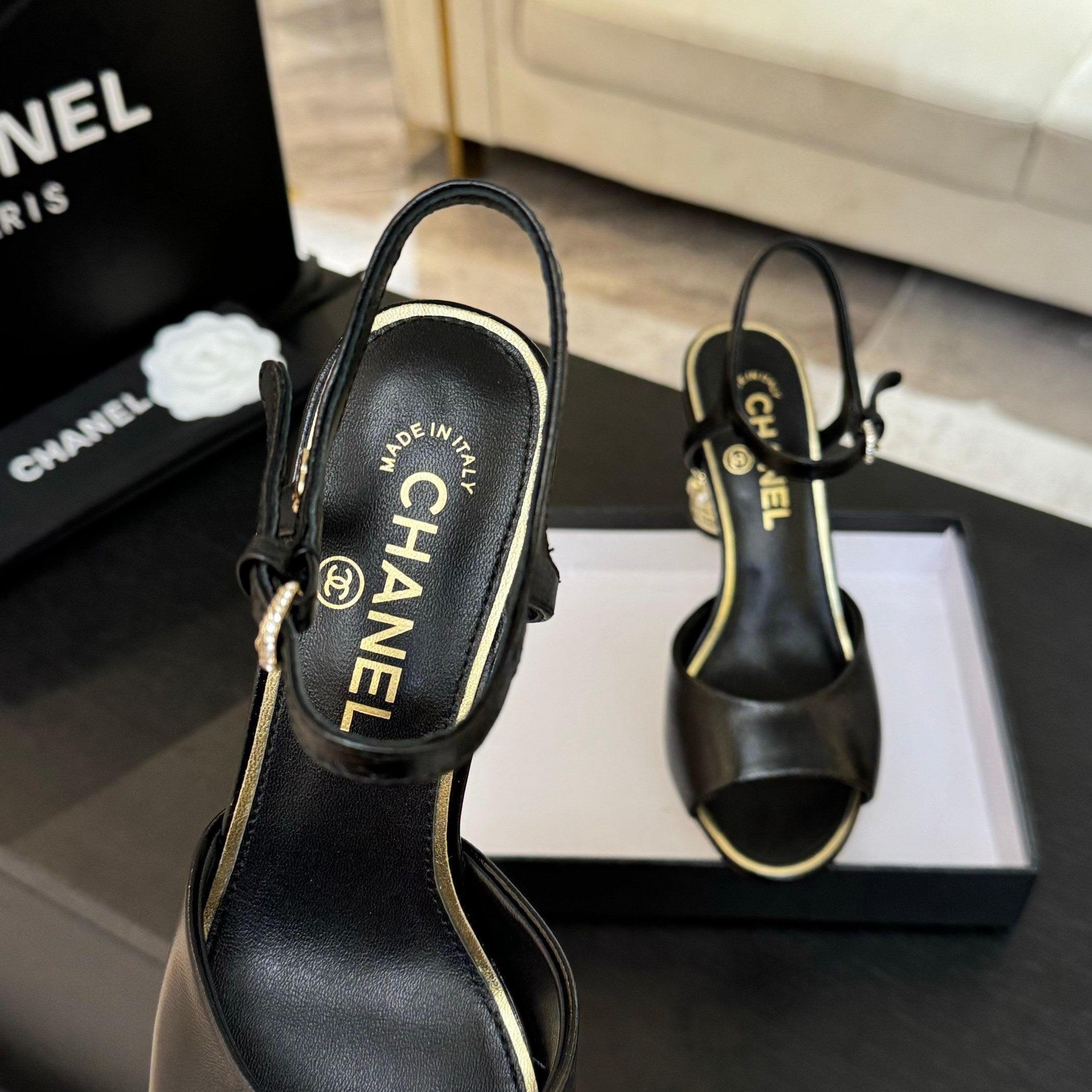 CHANEL T-STRAP PEARL HEEL 85 MM SANDALS IN BLACK LAMBSKIN