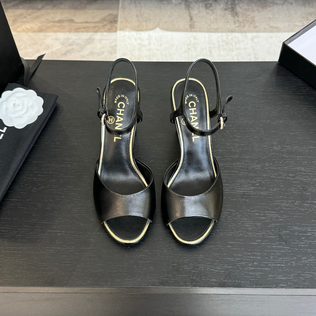 CHANEL T-STRAP PEARL HEEL 85 MM SANDALS IN BLACK LAMBSKIN
