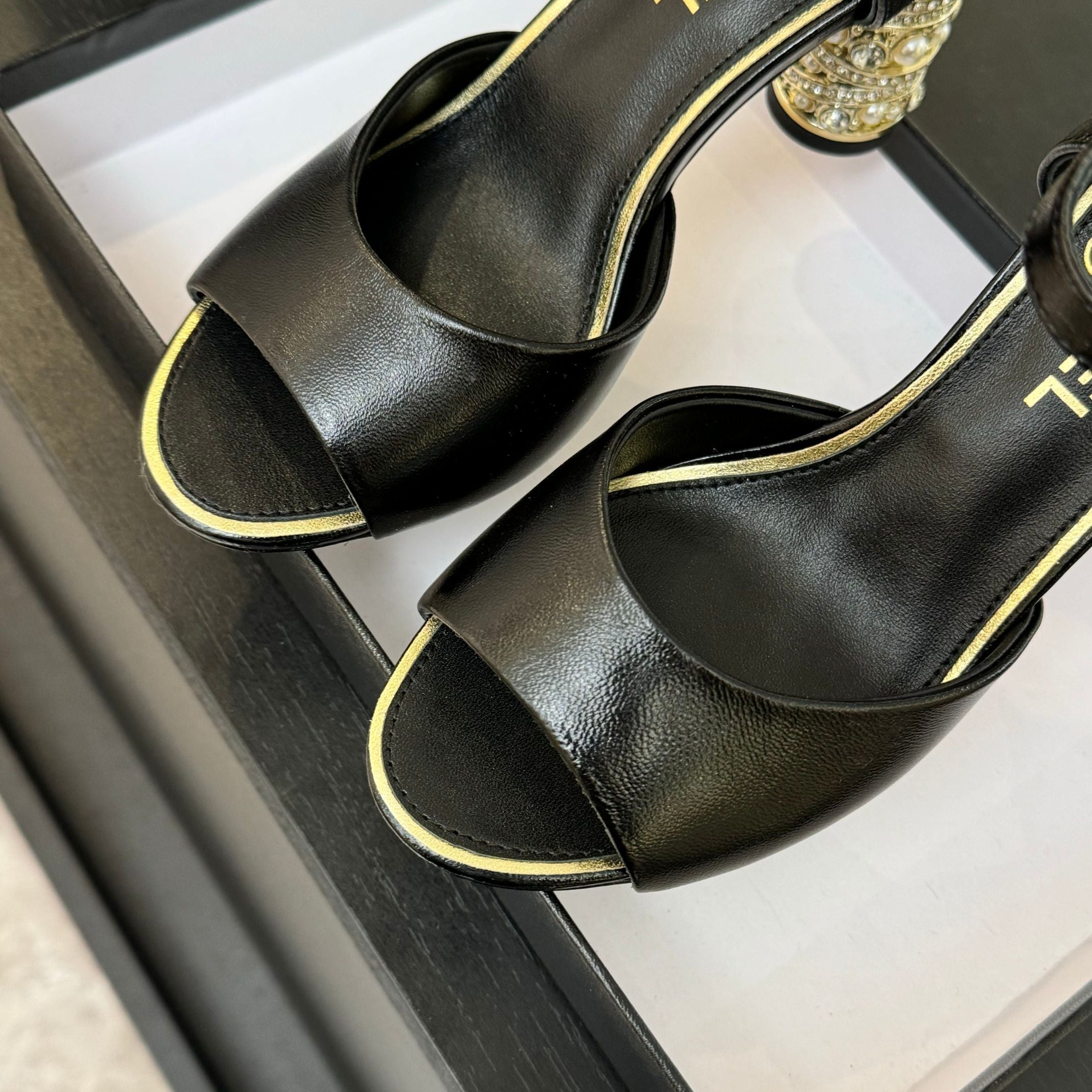 CHANEL T-STRAP PEARL HEEL 85 MM SANDALS IN BLACK LAMBSKIN
