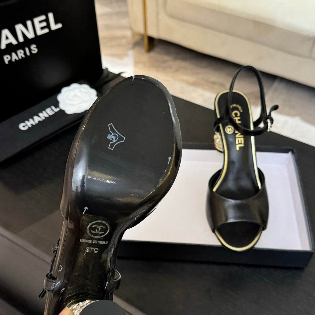CHANEL T-STRAP PEARL HEEL 85 MM SANDALS IN BLACK LAMBSKIN