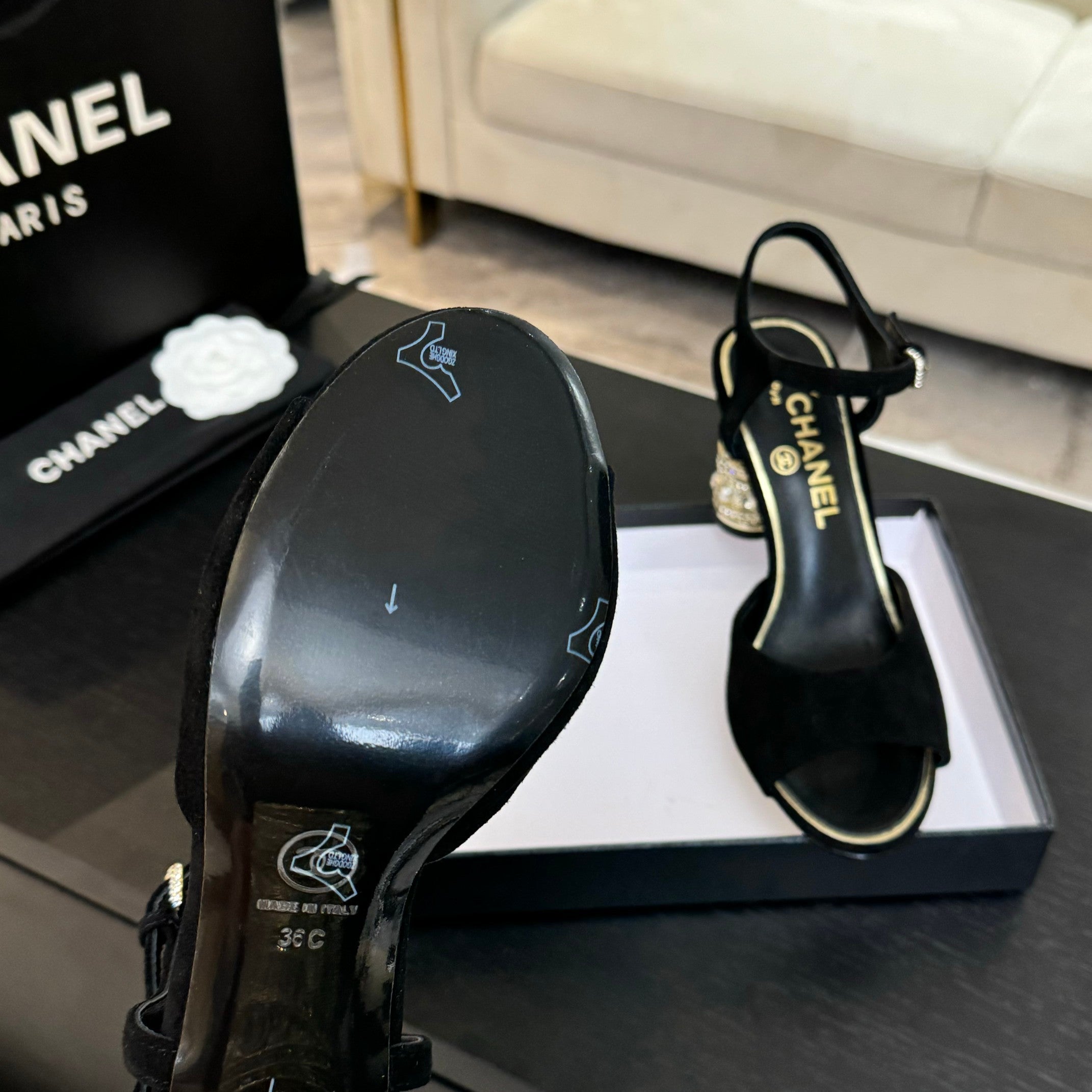 CHANEL T-STRAP PEARL HEEL 85 MM SANDALS IN BLACK SUEDE