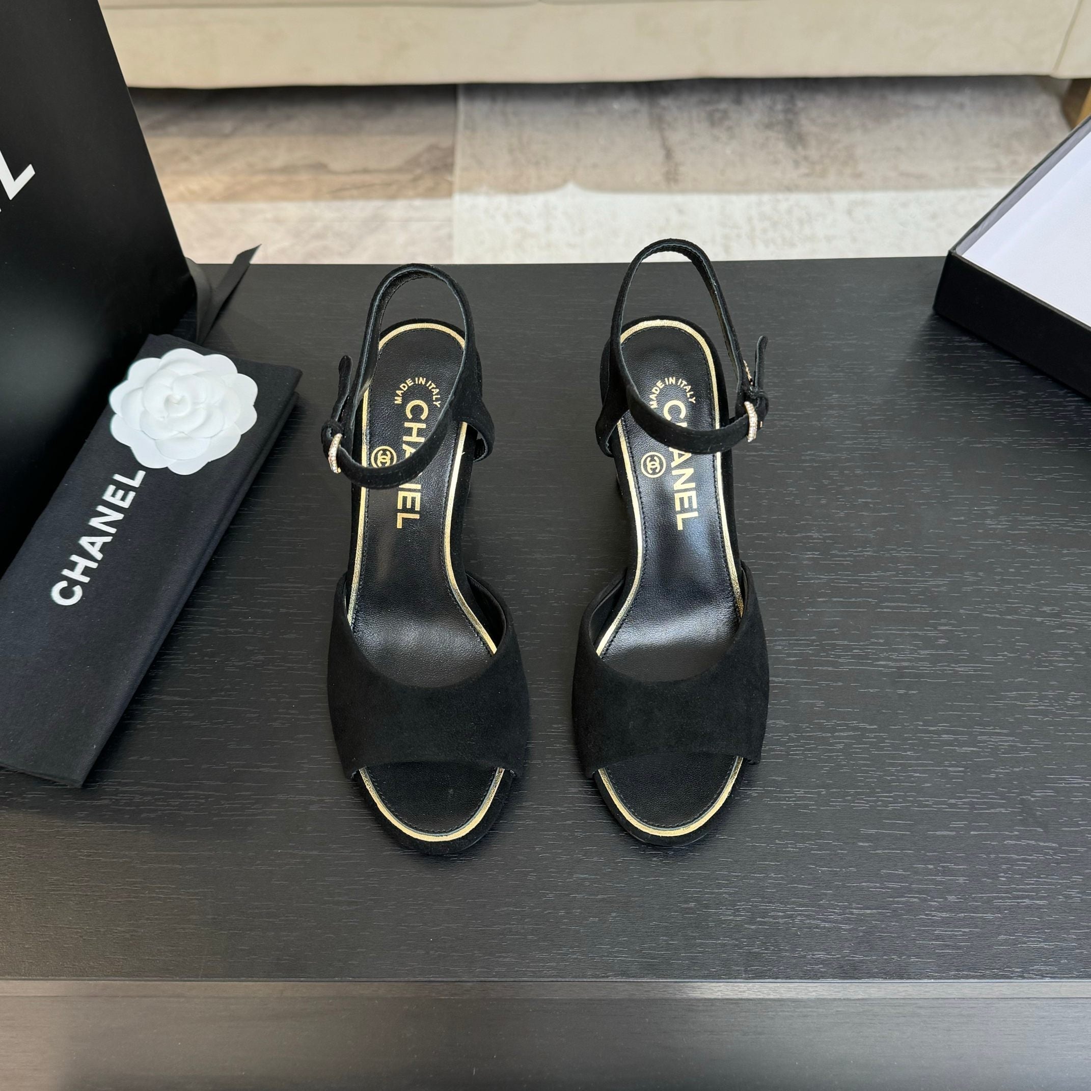 CHANEL T-STRAP PEARL HEEL 85 MM SANDALS IN BLACK SUEDE