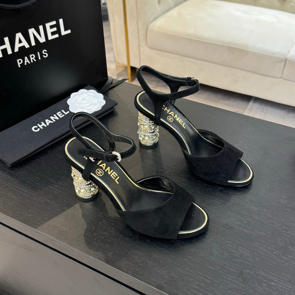 CHANEL T-STRAP PEARL HEEL 85 MM SANDALS IN BLACK SUEDE