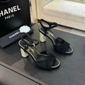 CHANEL T-STRAP PEARL HEEL 85 MM SANDALS IN BLACK SUEDE