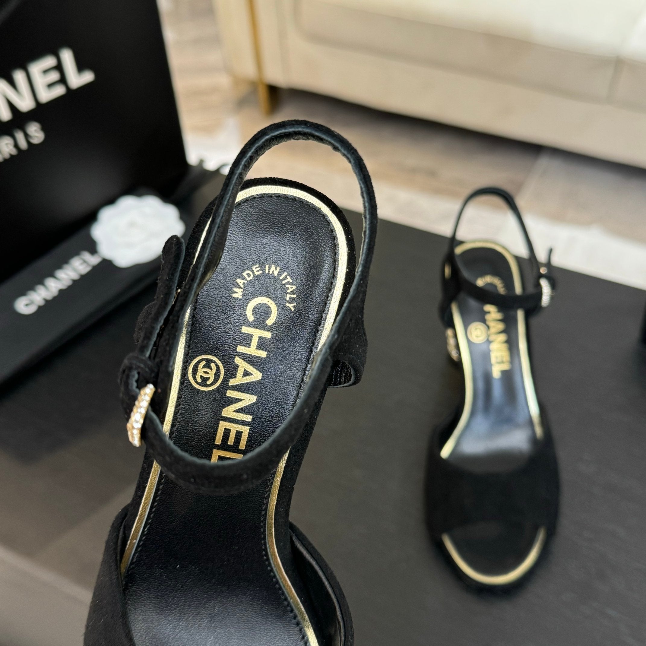 CHANEL T-STRAP PEARL HEEL 85 MM SANDALS IN BLACK SUEDE