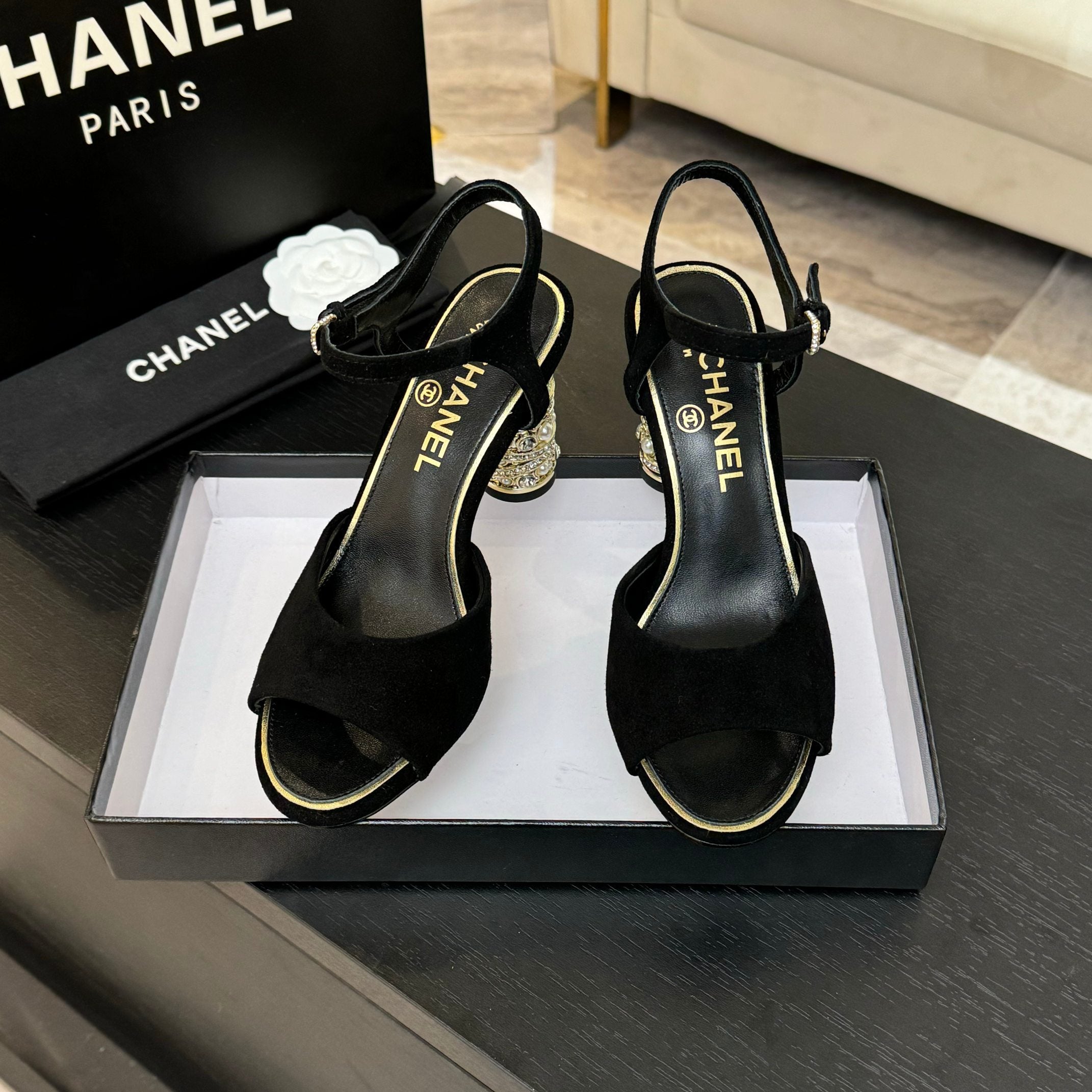 CHANEL T-STRAP PEARL HEEL 85 MM SANDALS IN BLACK SUEDE