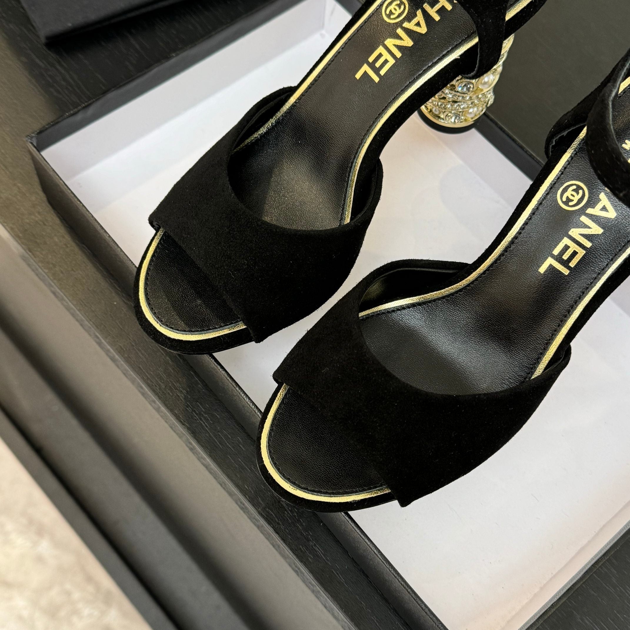 CHANEL T-STRAP PEARL HEEL 85 MM SANDALS IN BLACK SUEDE