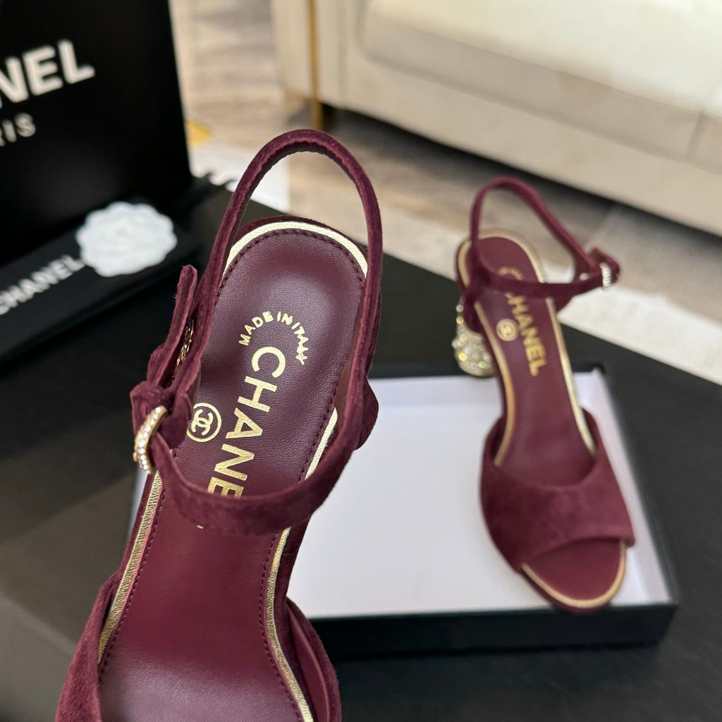 CHANEL T-STRAP PEARL HEEL 85 MM SANDALS IN SANGRIA RED SUEDE