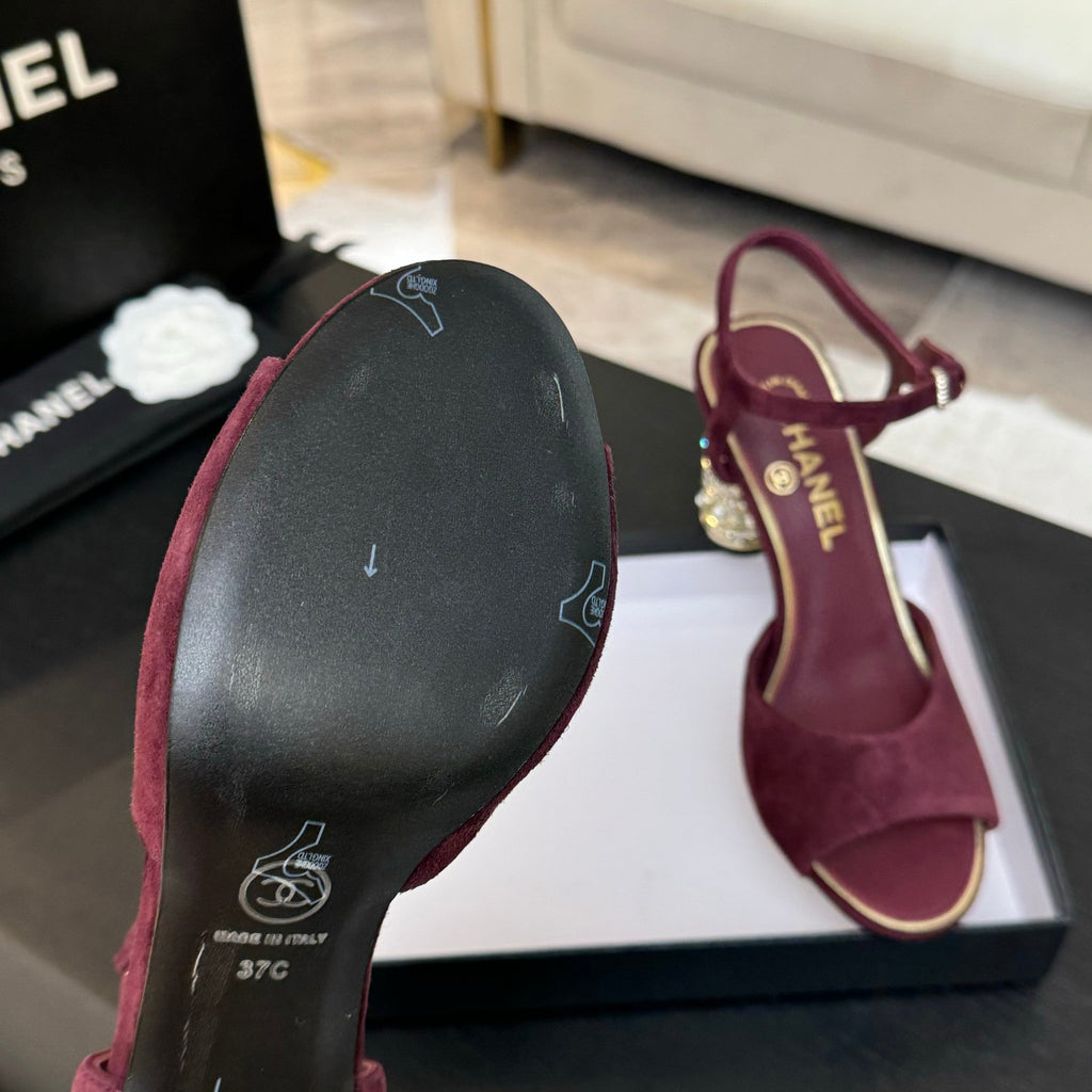 CHANEL T-STRAP PEARL HEEL 85 MM SANDALS IN SANGRIA RED SUEDE