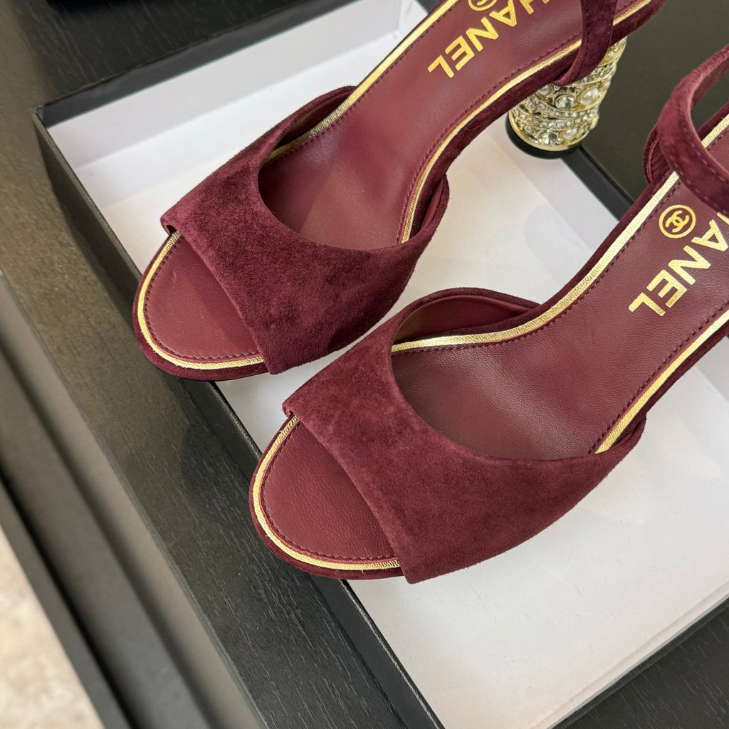 CHANEL T-STRAP PEARL HEEL 85 MM SANDALS IN SANGRIA RED SUEDE