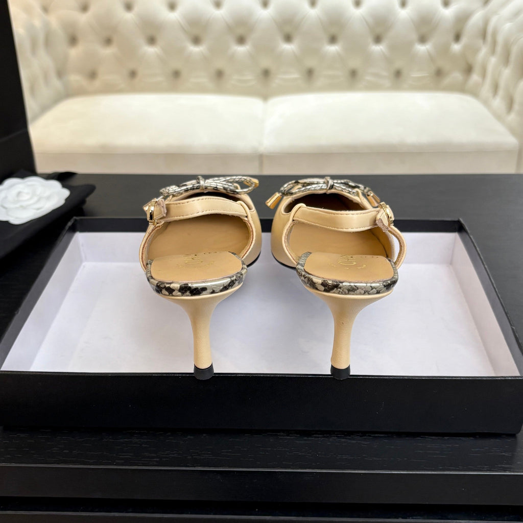 CHANEL HIGH HEEL SLINGBACKS 65 MM IN FLAX YELLOW WITH SNAKESKIN PATTERN LAMBSKIN