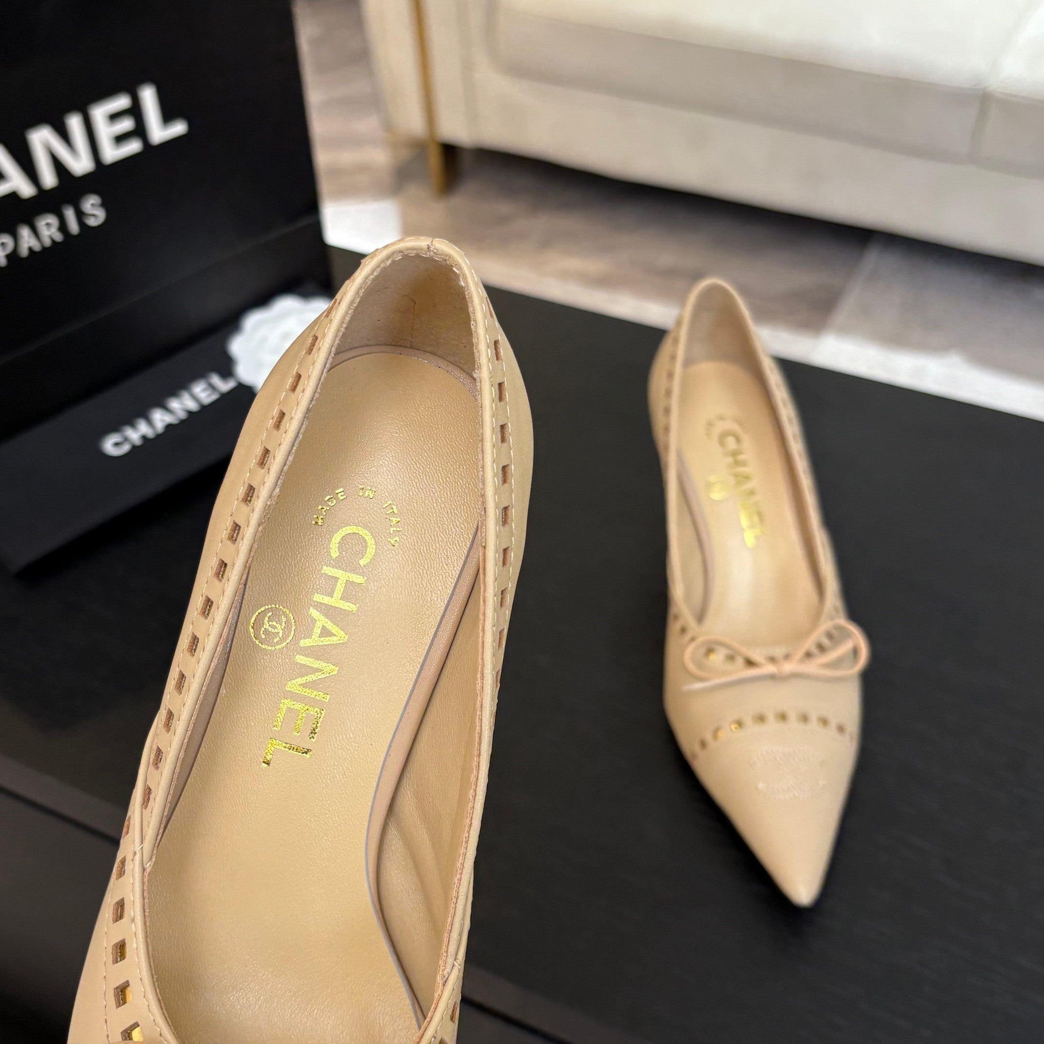 CHANEL HIGH HEEL PUMP 65 MM IN FLAX YELLOW LAMBSKIN