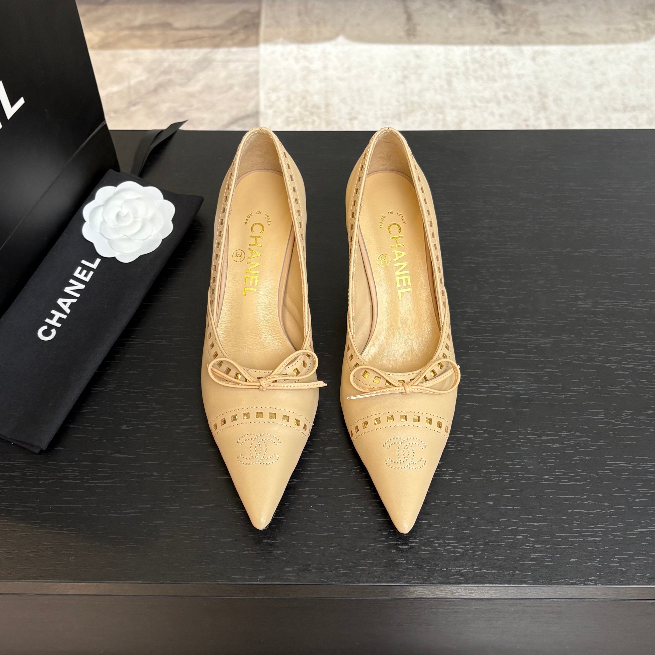 CHANEL HIGH HEEL PUMP 65 MM IN FLAX YELLOW LAMBSKIN