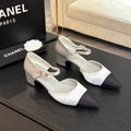 CHANEL BLOCK HEEL SLINGBACKS IN SILVER MIX BLACK SILK FABRIC