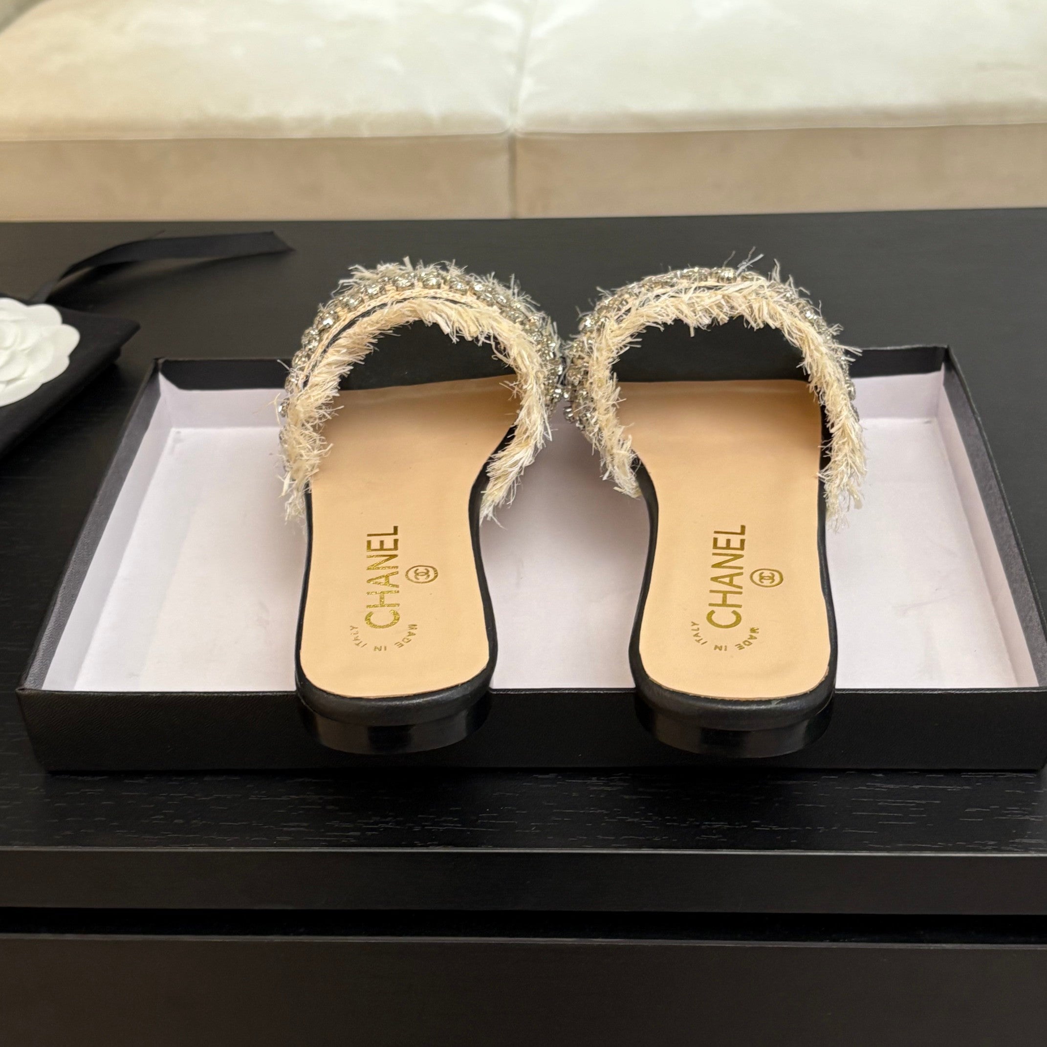 CHANEL FLAT SANDALS BEIGE AND BLACK WITH CRYSTALS