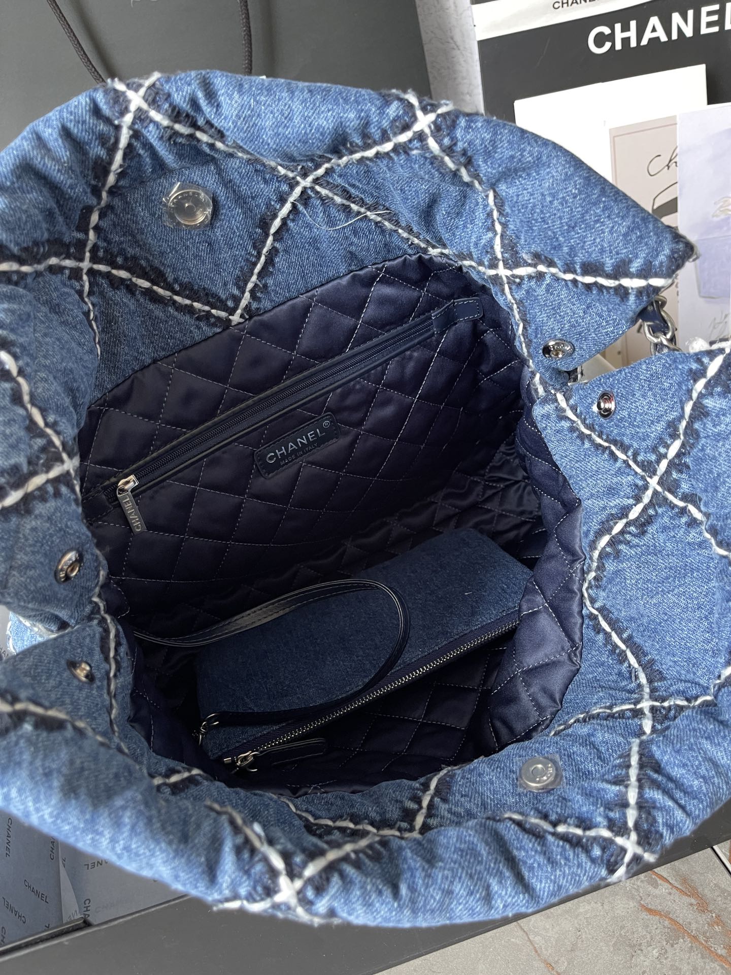 CHANEL LARGE 42 CROSSBODY BAG IN BLUE DENIM WITH CHAIN