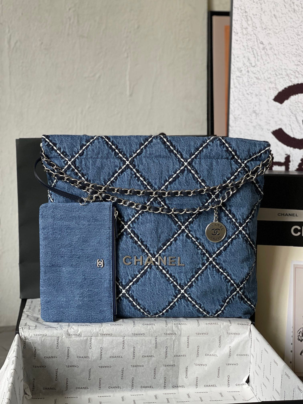 CHANEL LARGE 42 CROSSBODY BAG IN BLUE DENIM WITH CHAIN