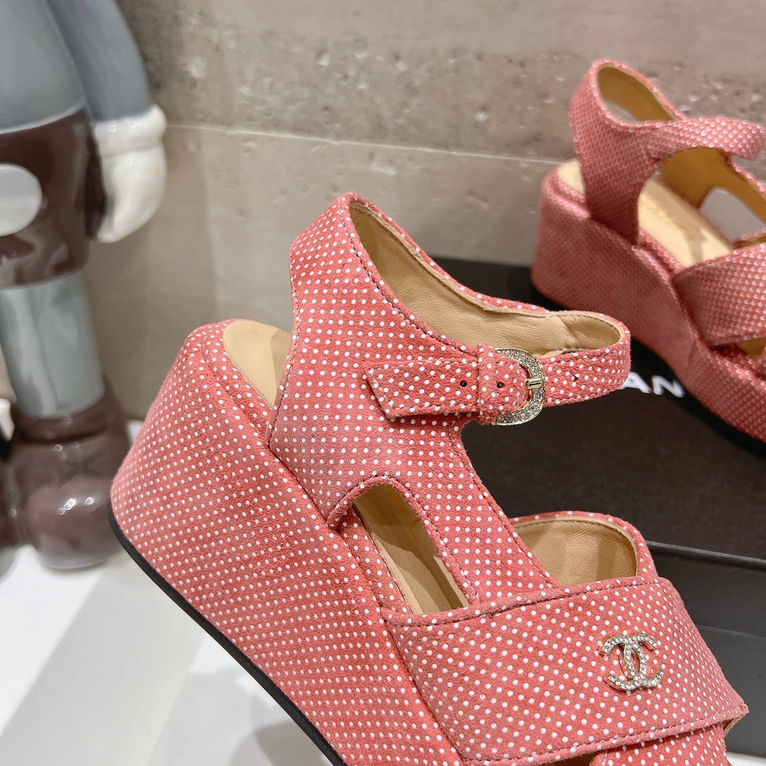 CHANEL Wedge Open-Toe High Heel Sandals Light Pink Sheepskin