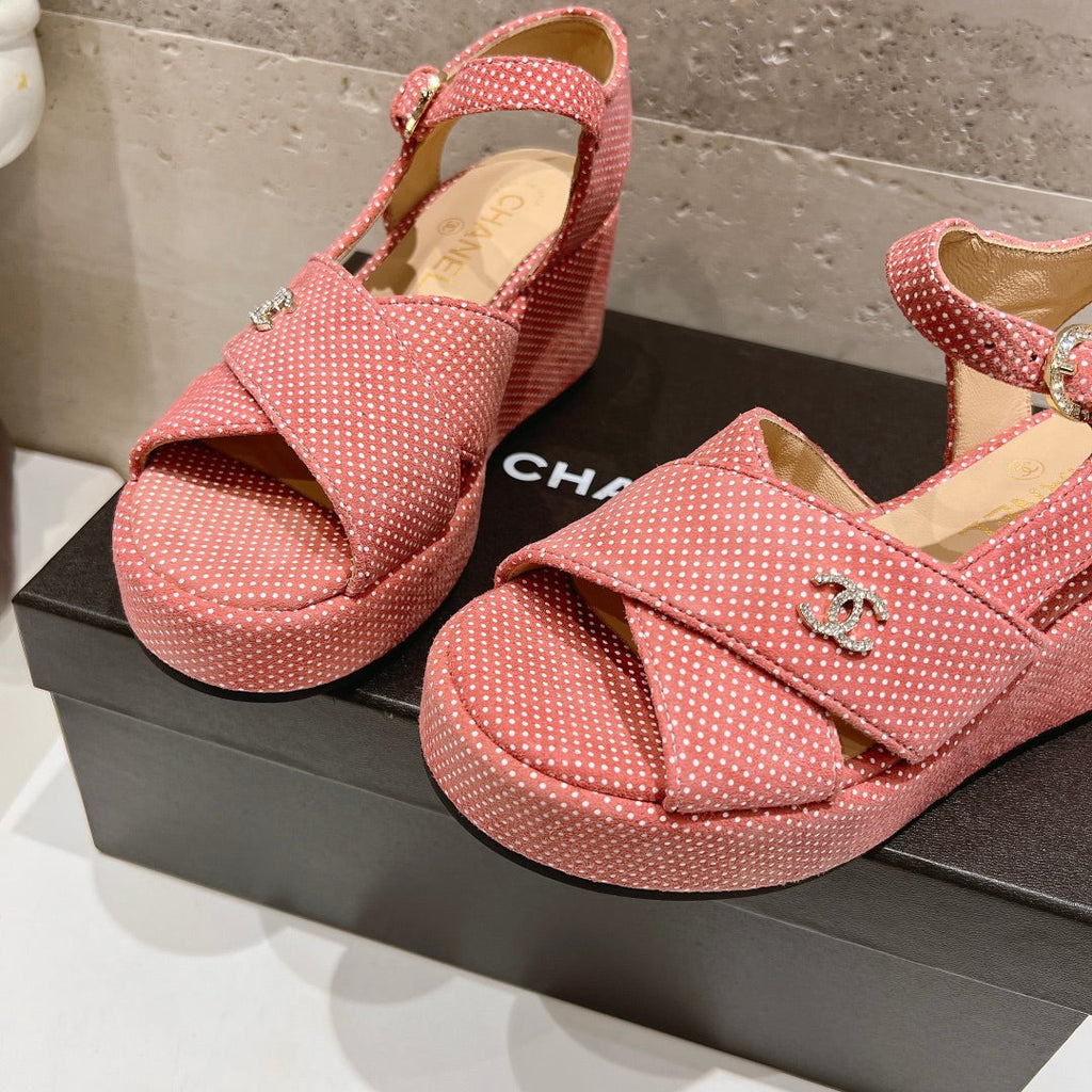 CHANEL Wedge Open-Toe High Heel Sandals Light Pink Sheepskin