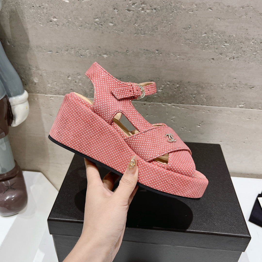 CHANEL Wedge Open-Toe High Heel Sandals Light Pink Sheepskin